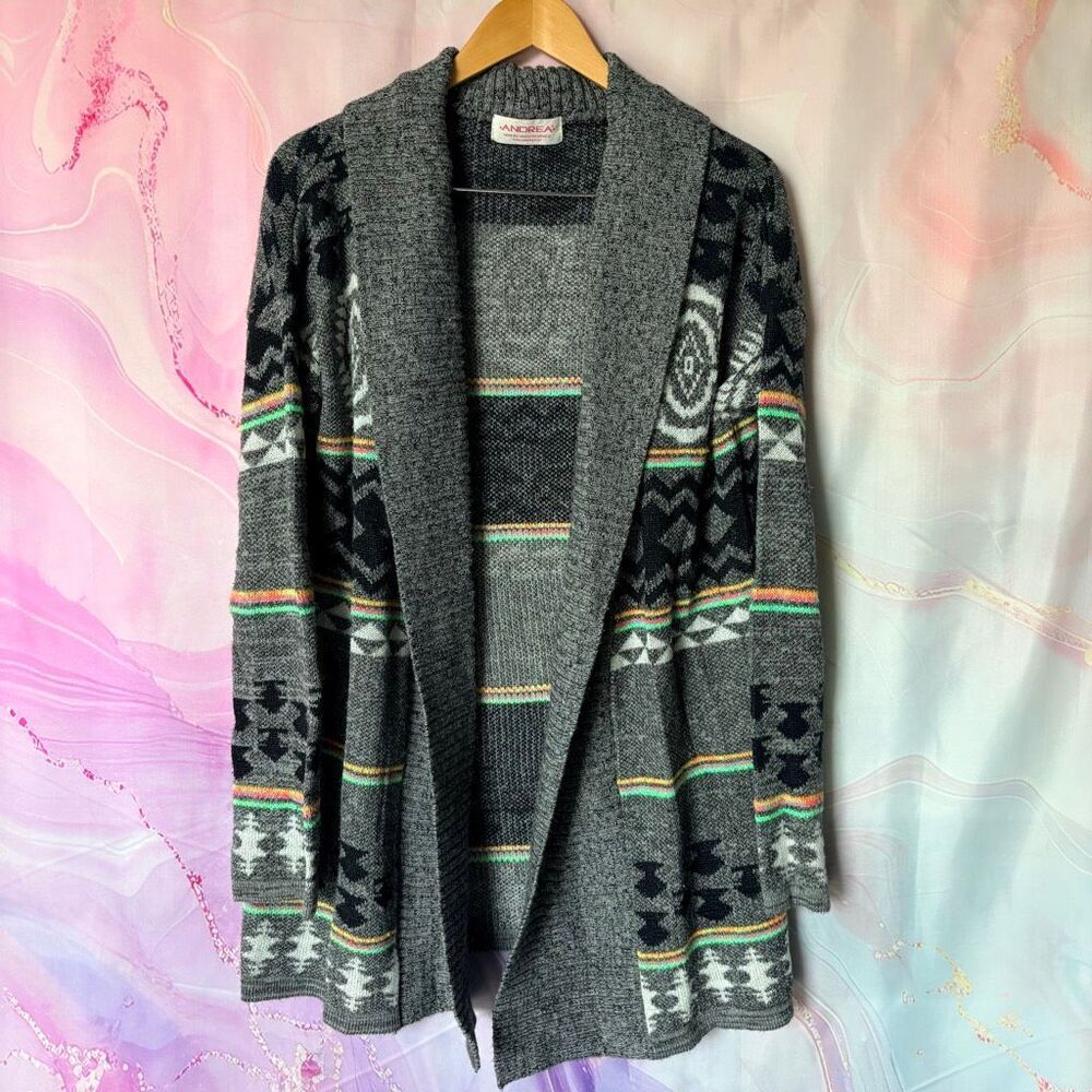 Andrea S/M Gray Knit Open Cardigan Boho Hippie Retro Chic Preppy Professional